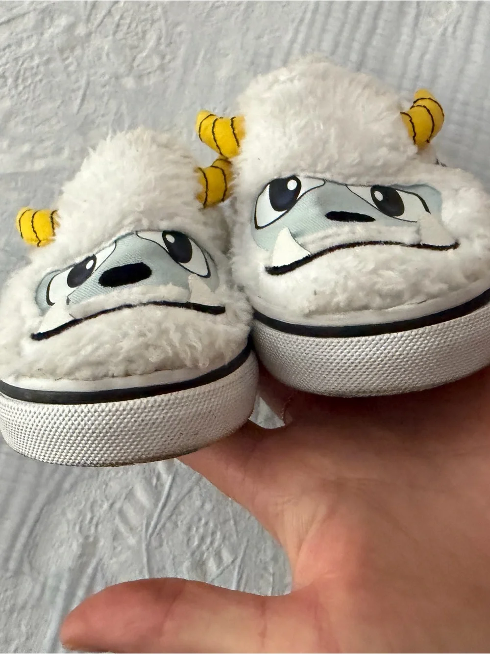 Vans White Fuzzy Monster Slip-On Kids Shoes with Yellow Horns